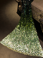 Green sequined gradient V-neck fitted waist long ball gown R8829