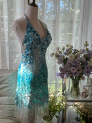 Light blue gradient sequined halter neck fitted waist bodycon short prom dress R7759