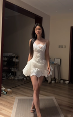 White halter-neck fitted lace skirt sexy short ball gown R8082