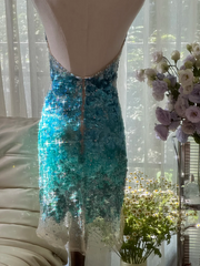 Light blue gradient sequined halter neck fitted waist bodycon short prom dress R7759