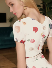Printed square neck short sleeve dress French retro style waist slim long skirt R2909