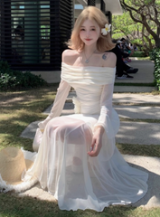 French style gentle white one-shoulder long-sleeved dress waist-hugging hip mesh long skirt R0246