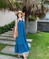 Bohemian retro blue white sling fishtail dress holiday style seaside beach dress sling dress long skirt R0196