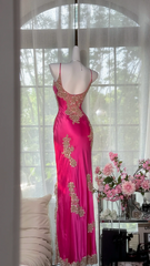 Rose pink halter-neck fitted long ball gown R7648