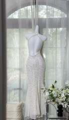 White halter-neck fitted bodycon long ball gown R7609
