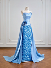 Light blue strapless, fitted, elegant long ball gown R8199