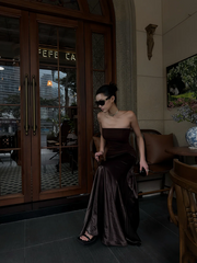 Brown strapless fitted long ball gown R8860