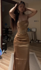 Gold strapless, cinched waist, boning, bodycon, sexy, long, elegant ball gown R8083
