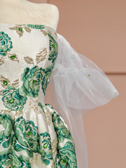 Retro strapless green floral print fitted waist puff skirt long ball gown R8375