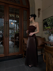 Brown strapless fitted long ball gown R8860
