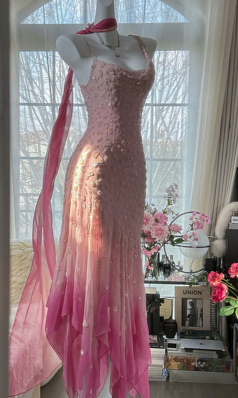 Pink Fairy Strappy Waist-cinching Bodycon Long Ball Gown R6534