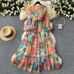 European and American style dress V-neck lantern sleeve waist wide swing ruffled long skirt R2313
