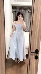 Blue jacquard suspender dress with a slender neckline and a fluffy long skirt. R0524