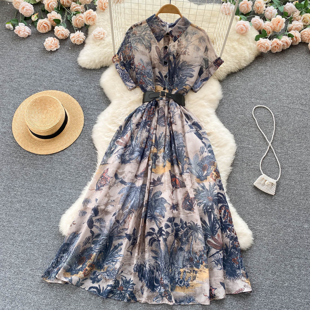 Palace style French elegant printed dress new style waist slimming gentle style long skirt R2226