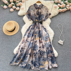 Palace style French elegant printed dress new style waist slimming gentle style long skirt R2226