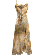 Wasteland style smudged suspender dress 2025 new holiday retro knitted irregular slit long skirt R0059