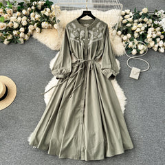 National style travel holiday dress long sleeves Bohemian retro design embroidery loose long skirt R2209
