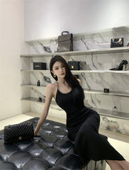 Black slim waist halter dress sexy backless holiday hip-hugging slit inner long skirt R1445