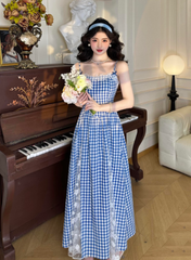 Blue plaid suspender dress beautiful unique waist temperament long skirt new style R0632