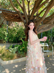 Beautiful small skirt loose A-line long skirt holiday style flower suspender dress R0693
