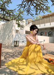 Beautiful little skirt yellow backless halter neck long skirt new style R0641
