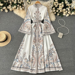 New retro printed round neck trumpet sleeve dress with large swing irregular pleated long skirt R2150
