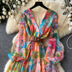 European and American style dress V-neck lantern sleeve waist wide swing ruffled long skirt R2313