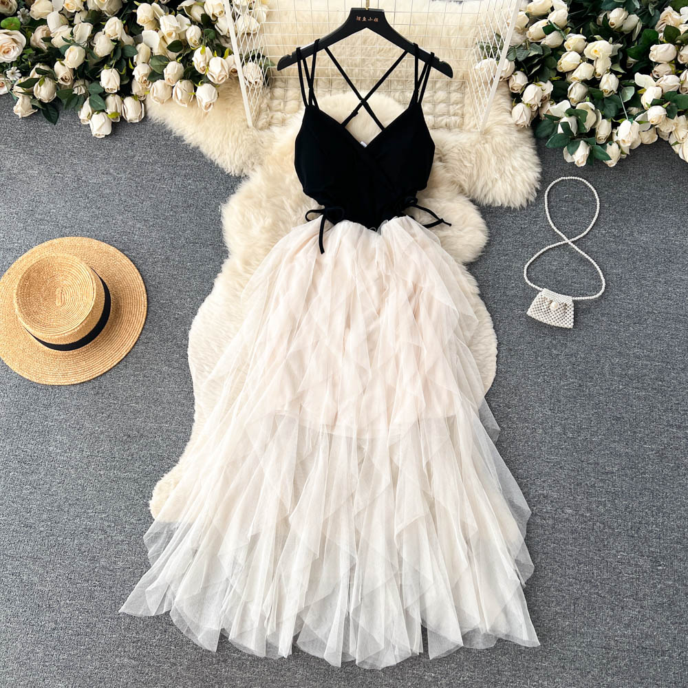 French style slim fit deep v sweet high waist long skirt cake beach skirt suspender dress R2142