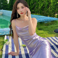 Satin dress with a swaying collar, high-end niche sexy suspender dress, purple inner long skirt R0998