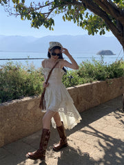 Tea break French style short front and long back suspender skirt 2025 new design irregular long skirt R0066