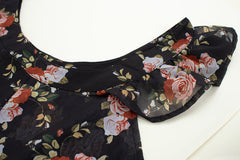 Black small flying sleeve slim floral long skirt 2025 new holiday style French retro dress R0048