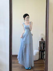 Blue hollow suspender dress temperament waist A-line long skirt R0568