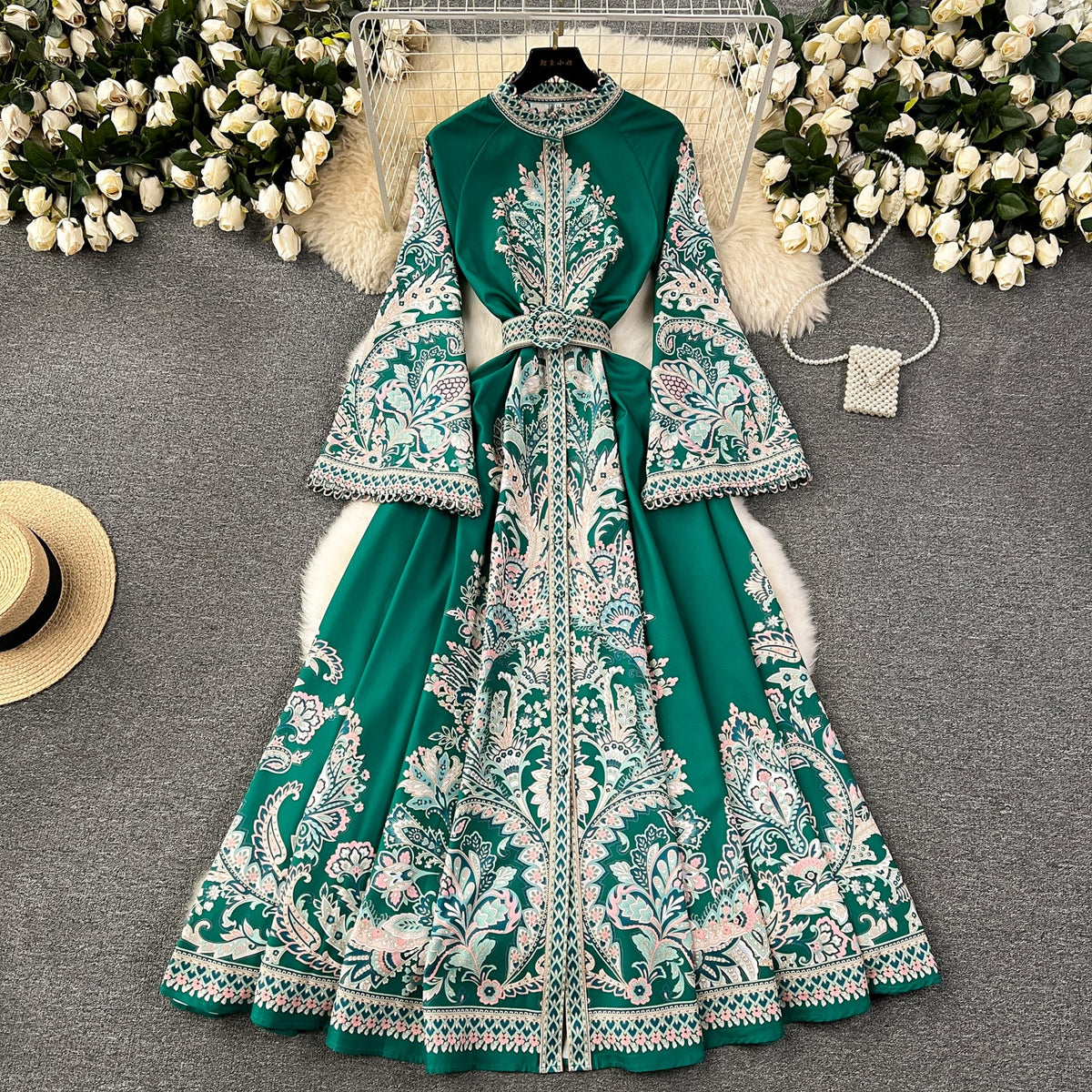 New retro printed round neck trumpet sleeve dress with large swing irregular pleated long skirt R2150