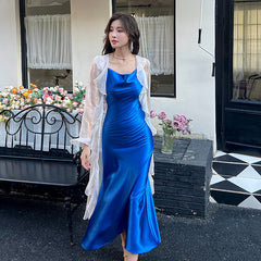 Acetate suspender dress 2025 new style wear texture high-end A-line temperament slim long skirt R0995