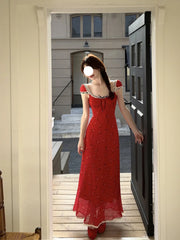 Tea break French floral dress 2025 new slim retro red holiday style long skirt R0045