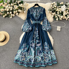 New French style high-end one-piece tie waist print dress elegant long skirt R2133