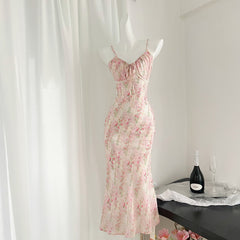 Small flower floral suspender dress new style lace stitching French long skirt R2090