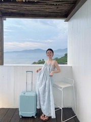 French pleated backless blue suspender dress temperament loose seaside holiday long skirt R0240