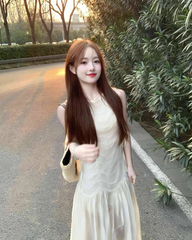 Atmosphere wear white lace sleeveless vest dress beautiful temperament waist A-line long skirt R0421