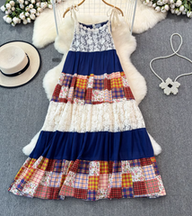 2025 dress dopamine vintage floral plaid art splicing temperament holiday suspender long skirt R0371