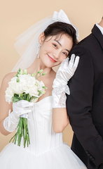 Off-white lace bow mid-length wedding dress banquet dinner gloves     S6243
