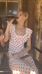 White long skirt with red polka dots, slim waist, sexy long skirt, homecoming dress R4053