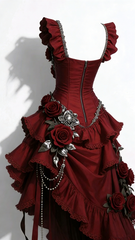 Red square neckline, three-dimensional floral design, fitted waist, and alluring mid-length ball gown R7209
