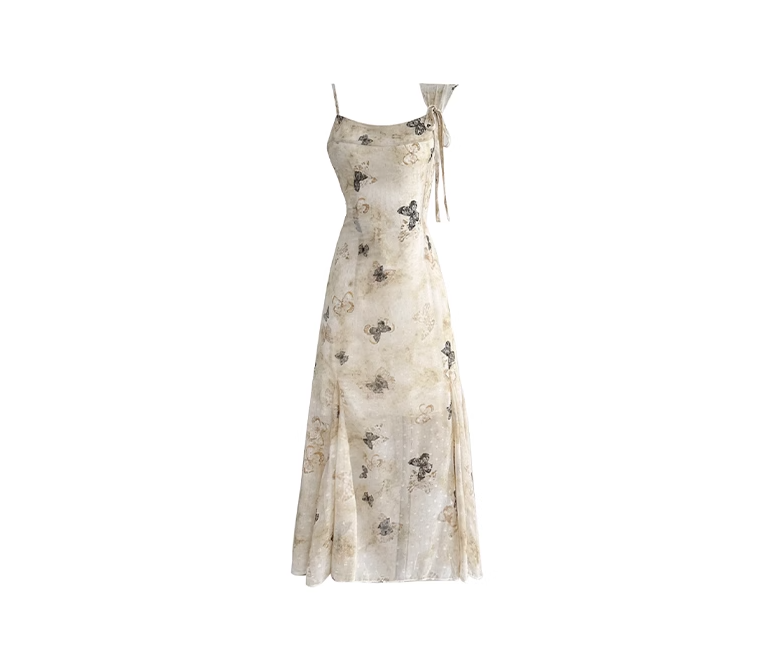 French butterfly print suspender dress 2025 new seaside holiday long skirt R0039