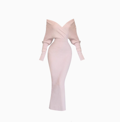 French gentle style V-neck backless knitted dress 2025 waist-hugging hip long skirt R1159