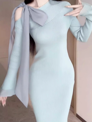 Gentle oblique collar bow tie dress 2025 waist hip long skirt R1168