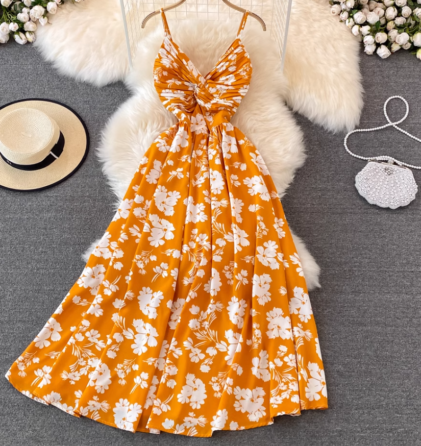 Beach dress super fairy seaside vacation long skirt V neck A line suspender dress R0342