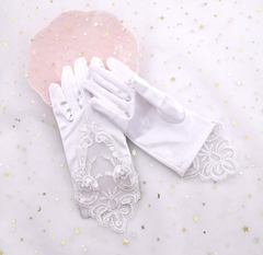 Lace Beaded Satin Stretch Children Wedding Dress Flower Girl Dress Gloves Performance Dance     S6247