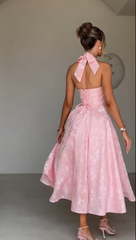 Pink suspender satin halter neck deep V sexy waist slim long skirt homecoming dress R3855