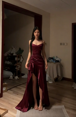 Dark blue halter-neck fitted waist slim slit sexy long ball gown R8069